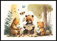 Illustrated bear cubs reading books in a sunny forest-0