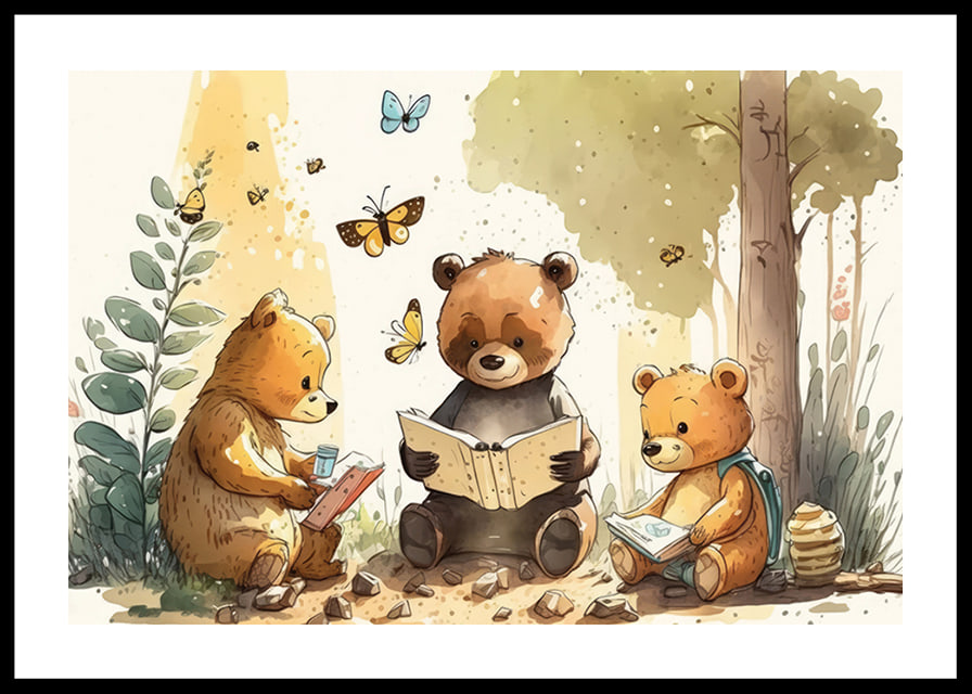 Illustrated bear cubs reading books in a sunny forest-12