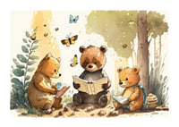 Illustrated bear cubs reading books in a sunny forest-1