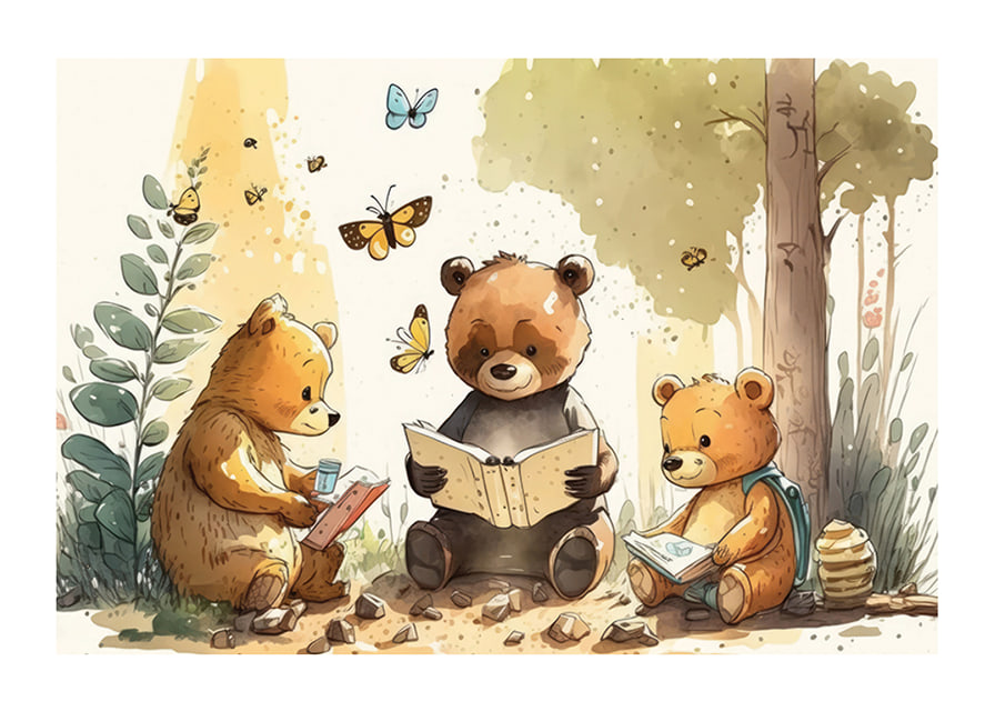 Illustrated bear cubs reading books in a sunny forest-12