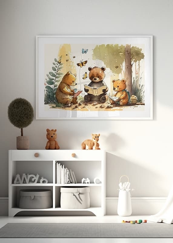 Illustrated bear cubs reading books in a sunny forest-12