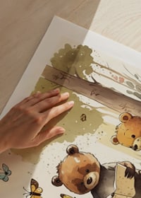 Illustrated bear cubs reading books in a sunny forest-9