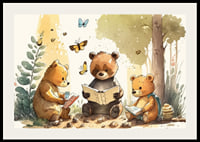 Illustrated bear cubs reading books in a sunny forest-2