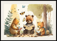 Illustrated bear cubs reading books in a sunny forest-2