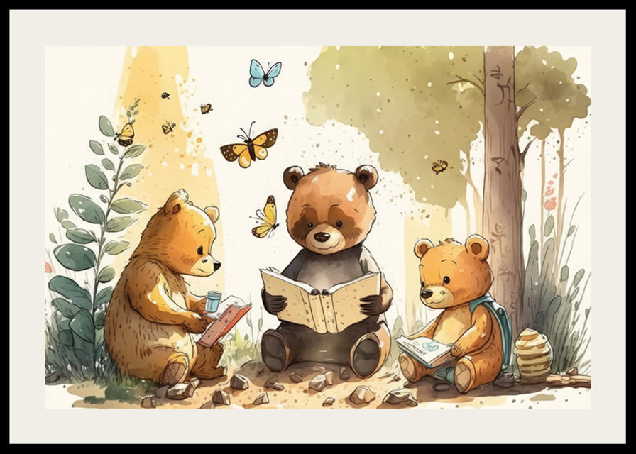 Illustrated bear cubs reading books in a sunny forest-12