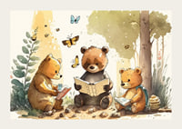 Illustrated bear cubs reading books in a sunny forest-3