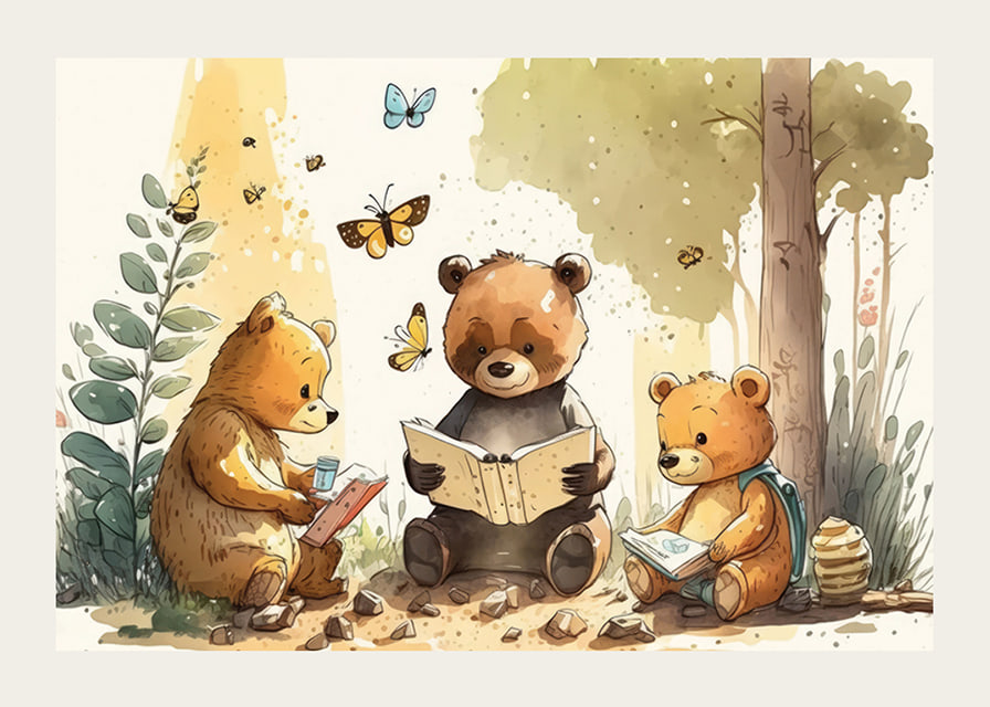 Illustrated bear cubs reading books in a sunny forest-12