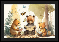 Illustrated bear cubs reading books in a sunny forest-4