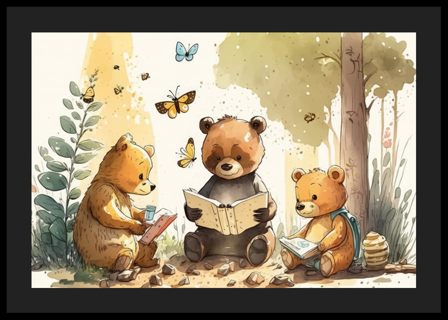 Illustrated bear cubs reading books in a sunny forest-12