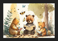 Illustrated bear cubs reading books in a sunny forest-5
