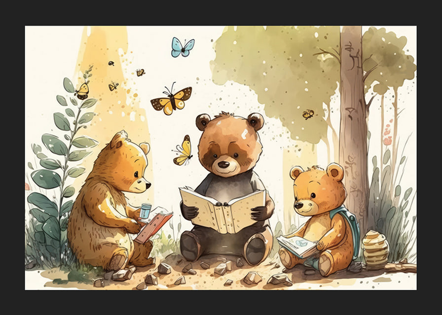 Illustrated bear cubs reading books in a sunny forest-12