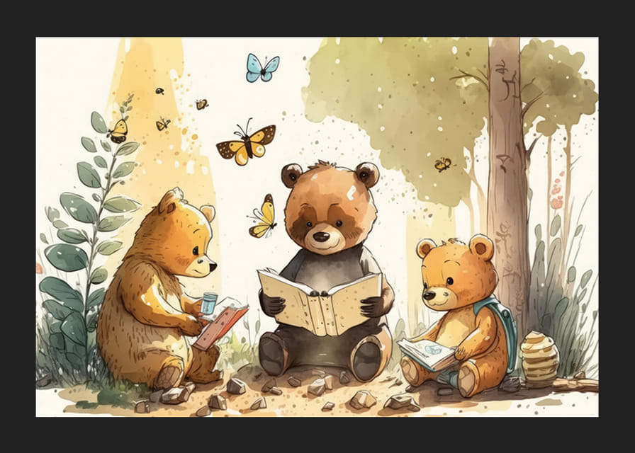 Illustrated bear cubs reading books in a sunny forest-12