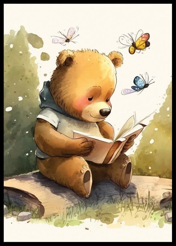 Illustrated bear reading a book among butterflies, soft colors-12