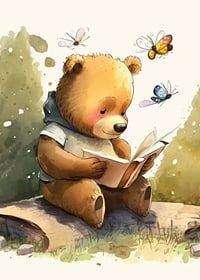 Illustrated bear reading a book among butterflies, soft colors-7