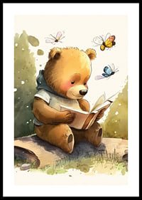 Illustrated bear reading a book among butterflies, soft colors-0