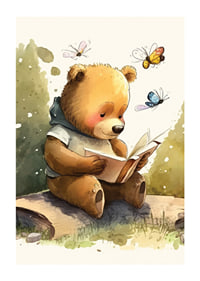 Illustrated bear reading a book among butterflies, soft colors-1
