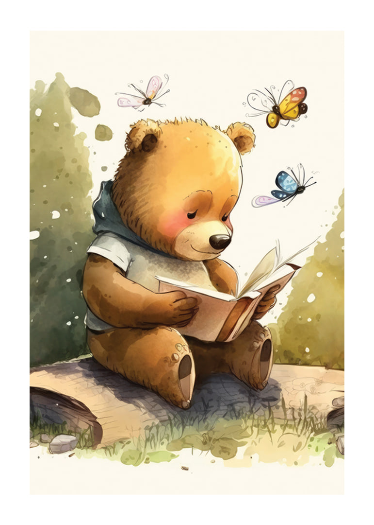 Illustrated bear reading a book among butterflies, soft colors-12