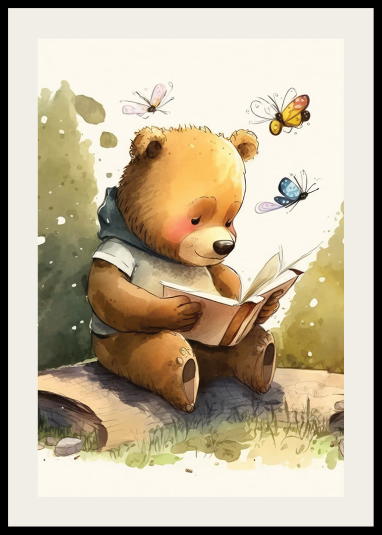 Illustrated bear reading a book among butterflies, soft colors-12