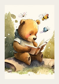 Illustrated bear reading a book among butterflies, soft colors-3