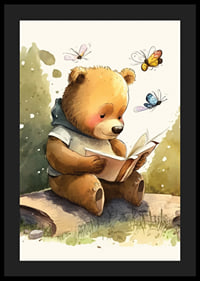 Illustrated bear reading a book among butterflies, soft colors-4