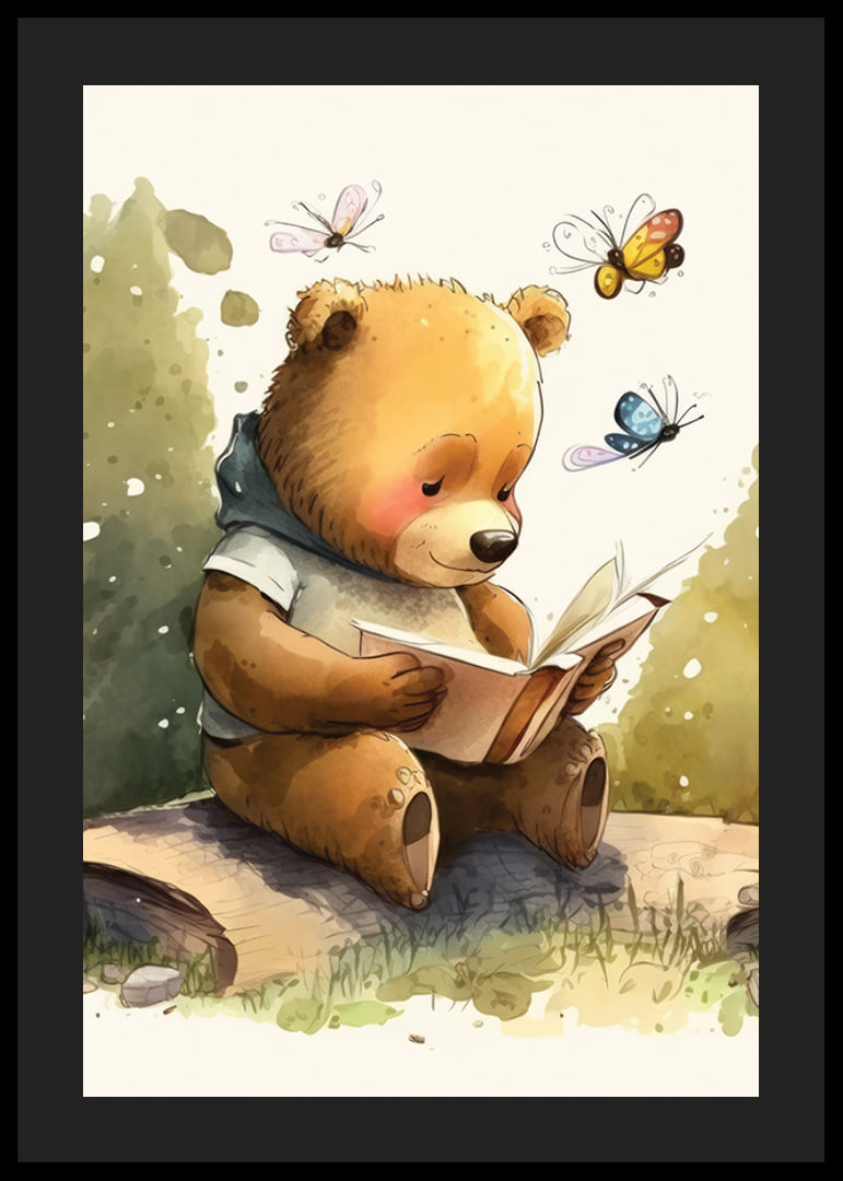 Illustrated bear reading a book among butterflies, soft colors-12
