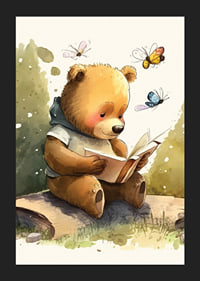 Illustrated bear reading a book among butterflies, soft colors-5