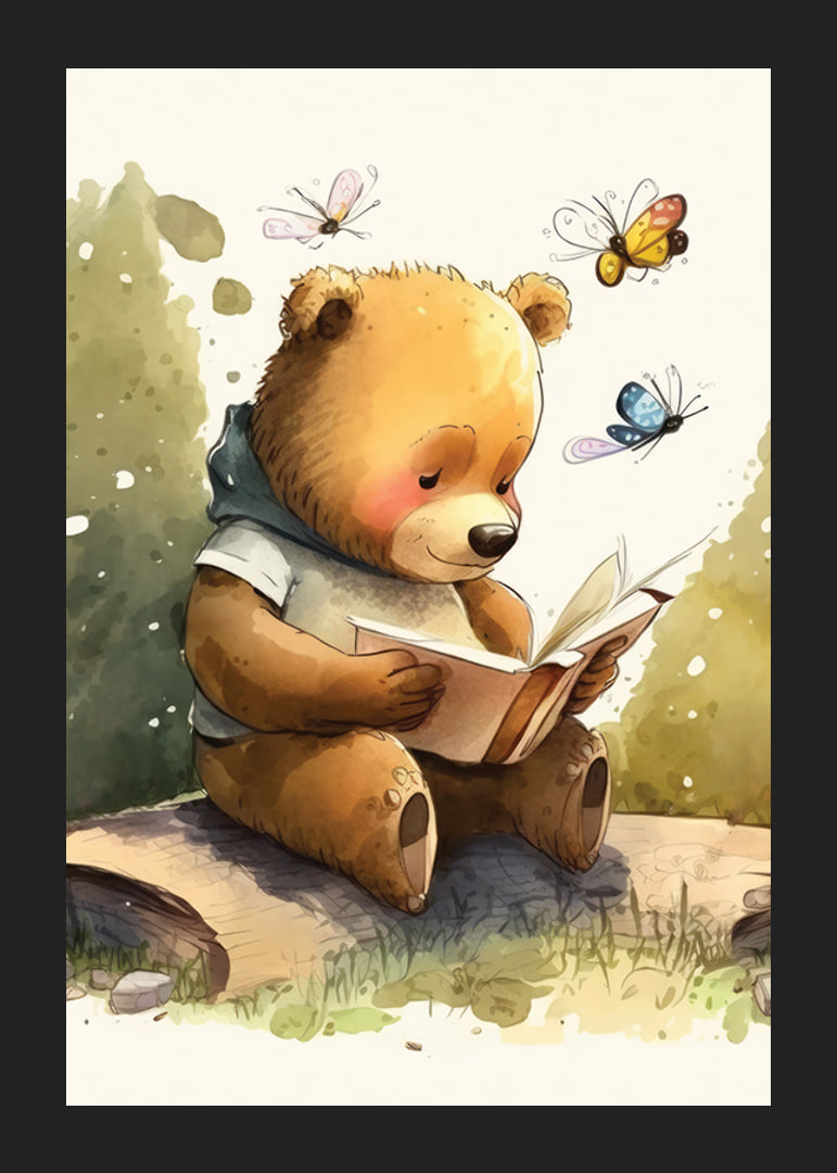Illustrated bear reading a book among butterflies, soft colors-12