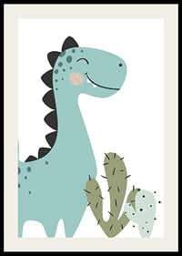 Illustrerad blågrön dinosaurie med svarta taggar och kaktus-2