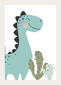 Illustrerad blågrön dinosaurie med svarta taggar och kaktus-3