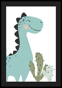 Illustrerad blågrön dinosaurie med svarta taggar och kaktus-4
