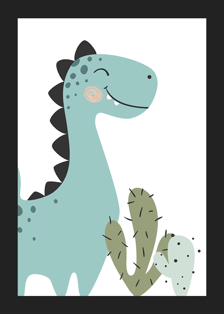 Illustrerad blågrön dinosaurie med svarta taggar och kaktus-12