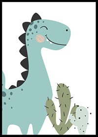 Illustrerad blågrön dinosaurie med svarta taggar och kaktus-6