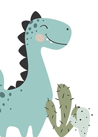 Illustrerad blågrön dinosaurie med svarta taggar och kaktus-7