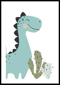 Illustrerad blågrön dinosaurie med svarta taggar och kaktus-0