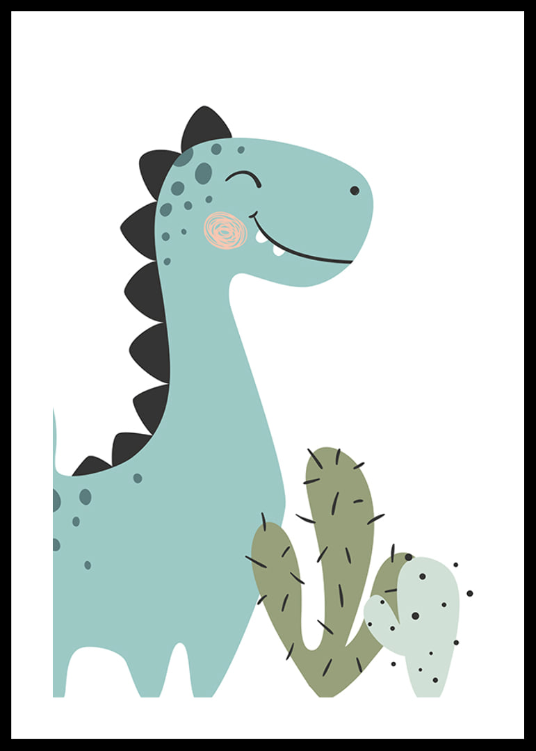 Illustrerad blågrön dinosaurie med svarta taggar och kaktus-12