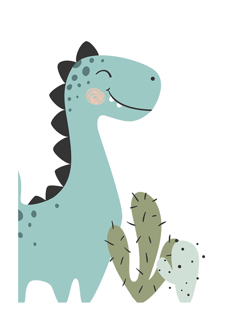 Illustrerad blågrön dinosaurie med svarta taggar och kaktus-12