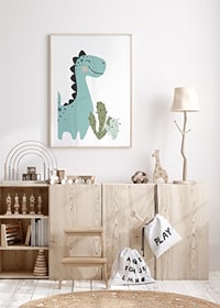 Illustrerad blågrön dinosaurie med svarta taggar och kaktus-8