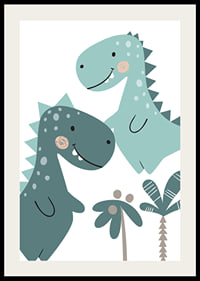 Illustrated T-Rex in blue and green shades with palm trees-2