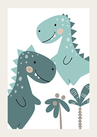 Illustrated T-Rex in blue and green shades with palm trees-3
