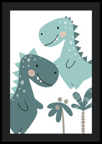 Illustrert T-Rex i blå og grønne nyanser med palmer-4