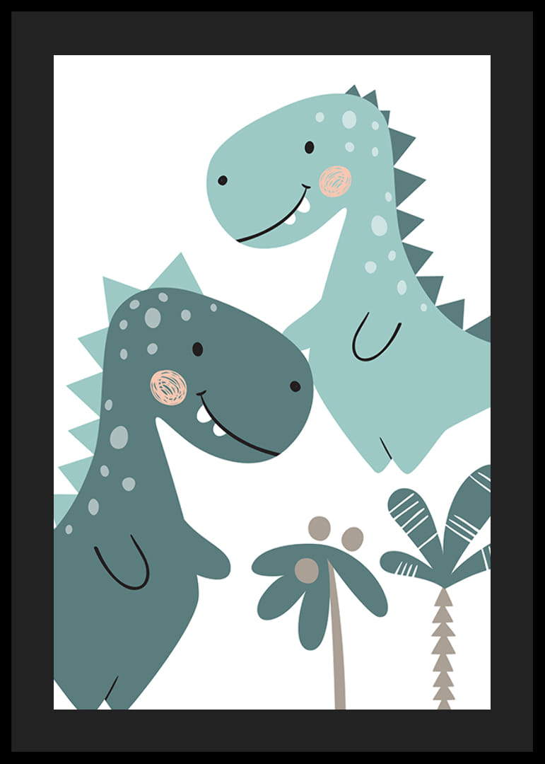 Illustrert T-Rex i blå og grønne nyanser med palmer-12