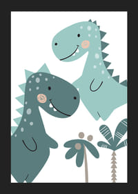 Illustrert T-Rex i blå og grønne nyanser med palmer-5