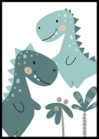 Illustrated T-Rex in blue and green shades with palm trees-6