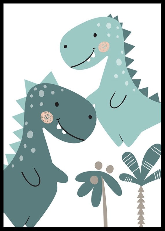 Illustrated T-Rex in blue and green shades with palm trees-12