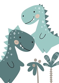Illustrated T-Rex in blue and green shades with palm trees-7