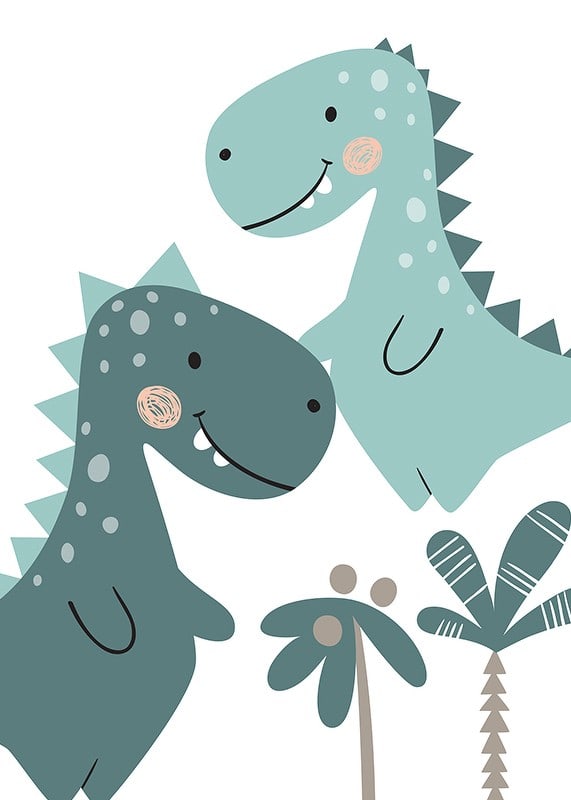 Illustrated T-Rex in blue and green shades with palm trees-12