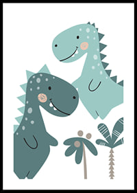 Illustrated T-Rex in blue and green shades with palm trees-0