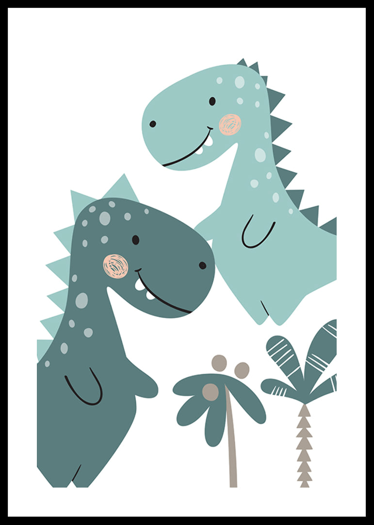 Illustrated T-Rex in blue and green shades with palm trees-12