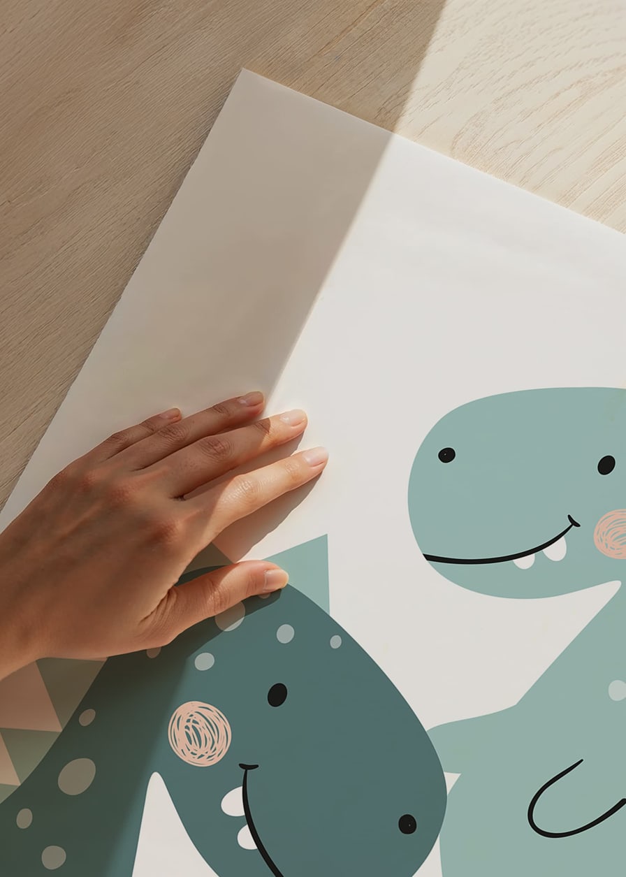 Illustrated T-Rex in blue and green shades with palm trees-12