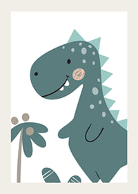 Illustrerad blågrön T-Rex med ljusa prickar och ryggtaggar-3